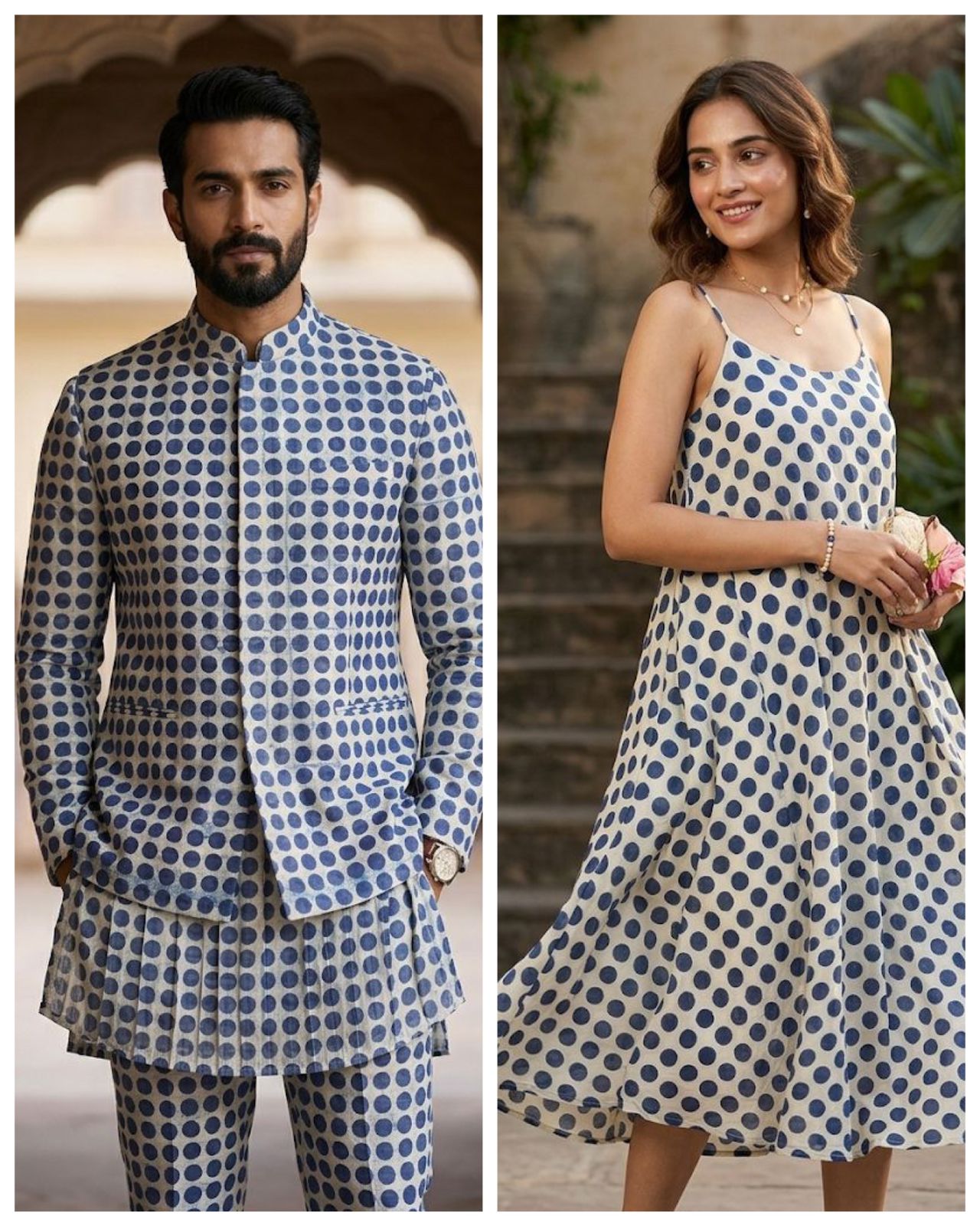 Indigo Polka Dot Chanderi Silk Fabric