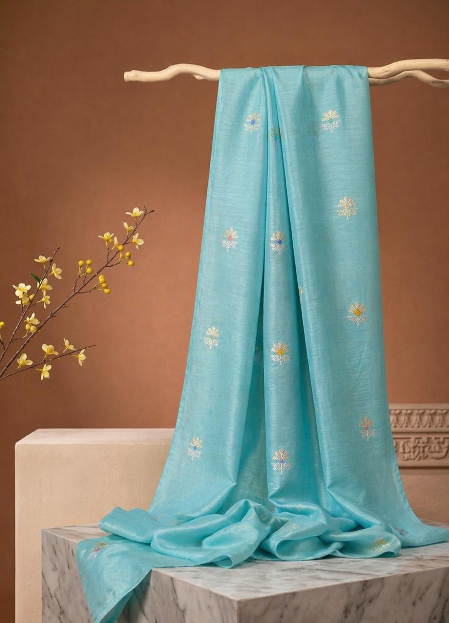 Aqua Blue Premium Cotton Fabric With Floral Motif