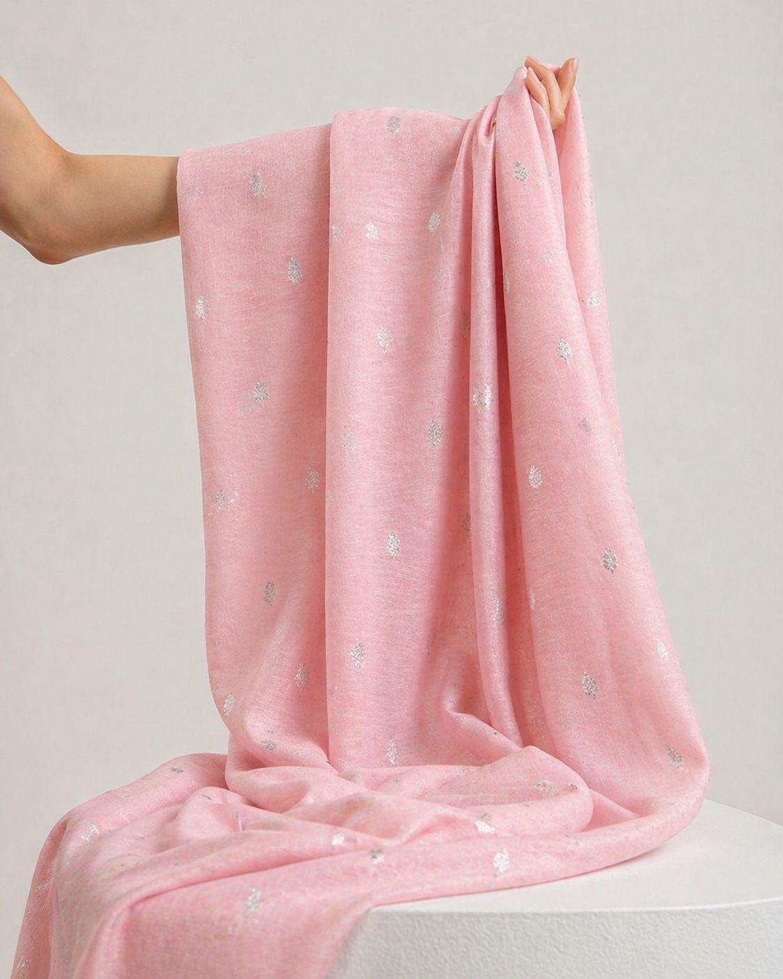 Light Pink Pure Mul Fabric With Silver Zari