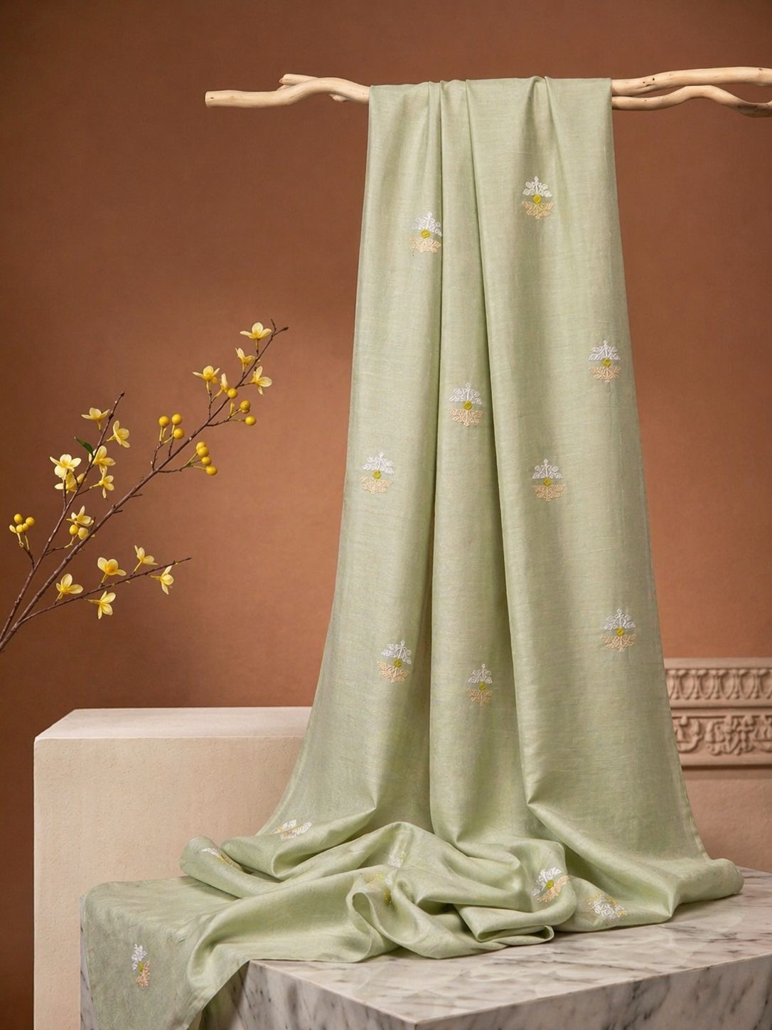 Pista Green Premium Cotton Fabric With Floral Motif