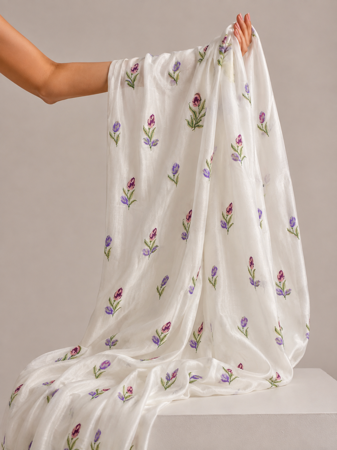White Mul Fabric with Floral Embroidered Pattern