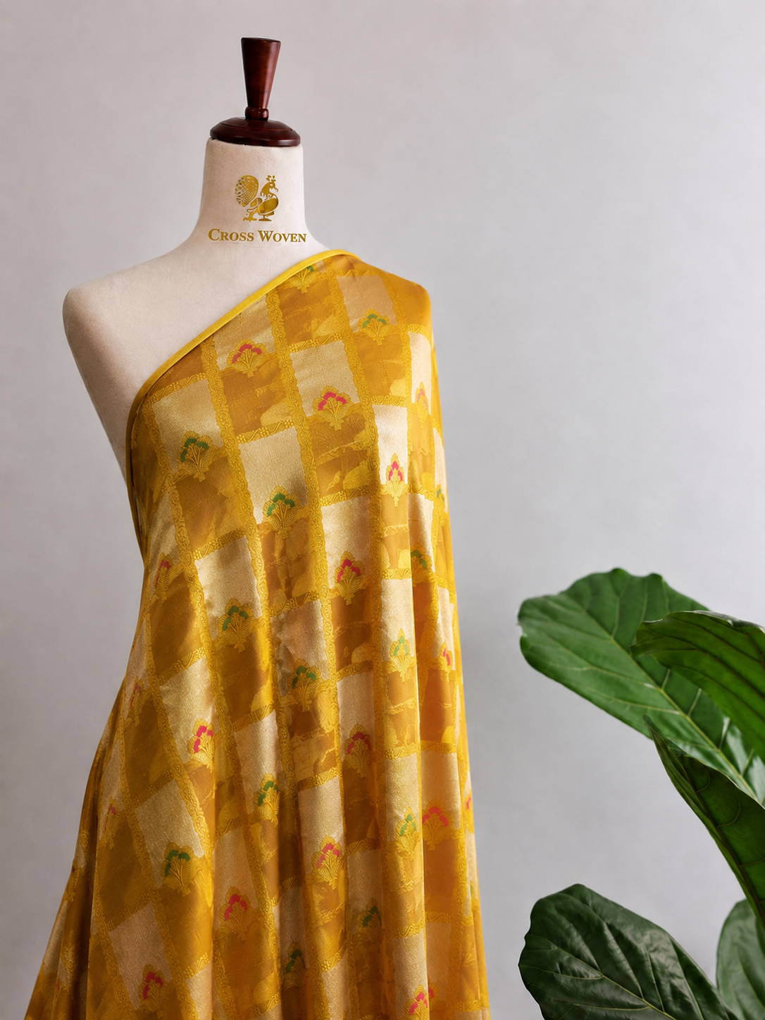 Mustard Yellow Soft Silk Fabric with Meenakari Checkered Zari Weave