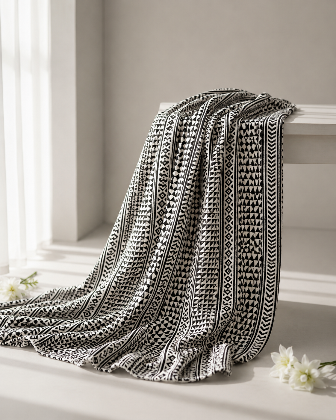 Pure Chanderi Silk Fabric With Black Hand Block Prints
