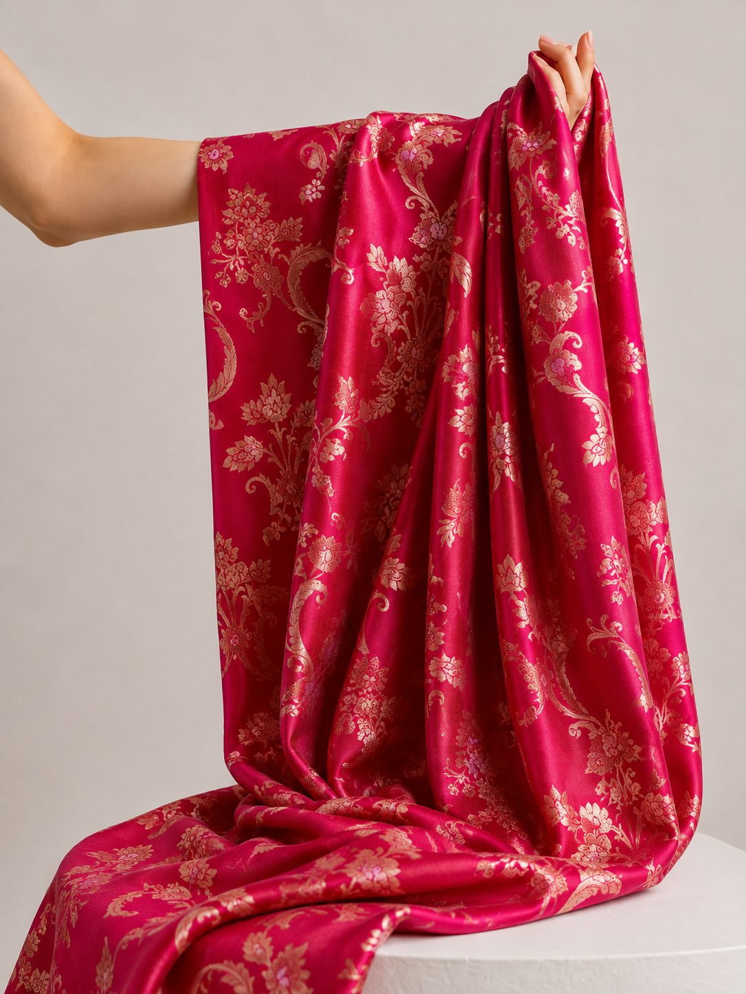 Red Soft Silk Fabric with Meenakari Zari Floral Vine Jaal