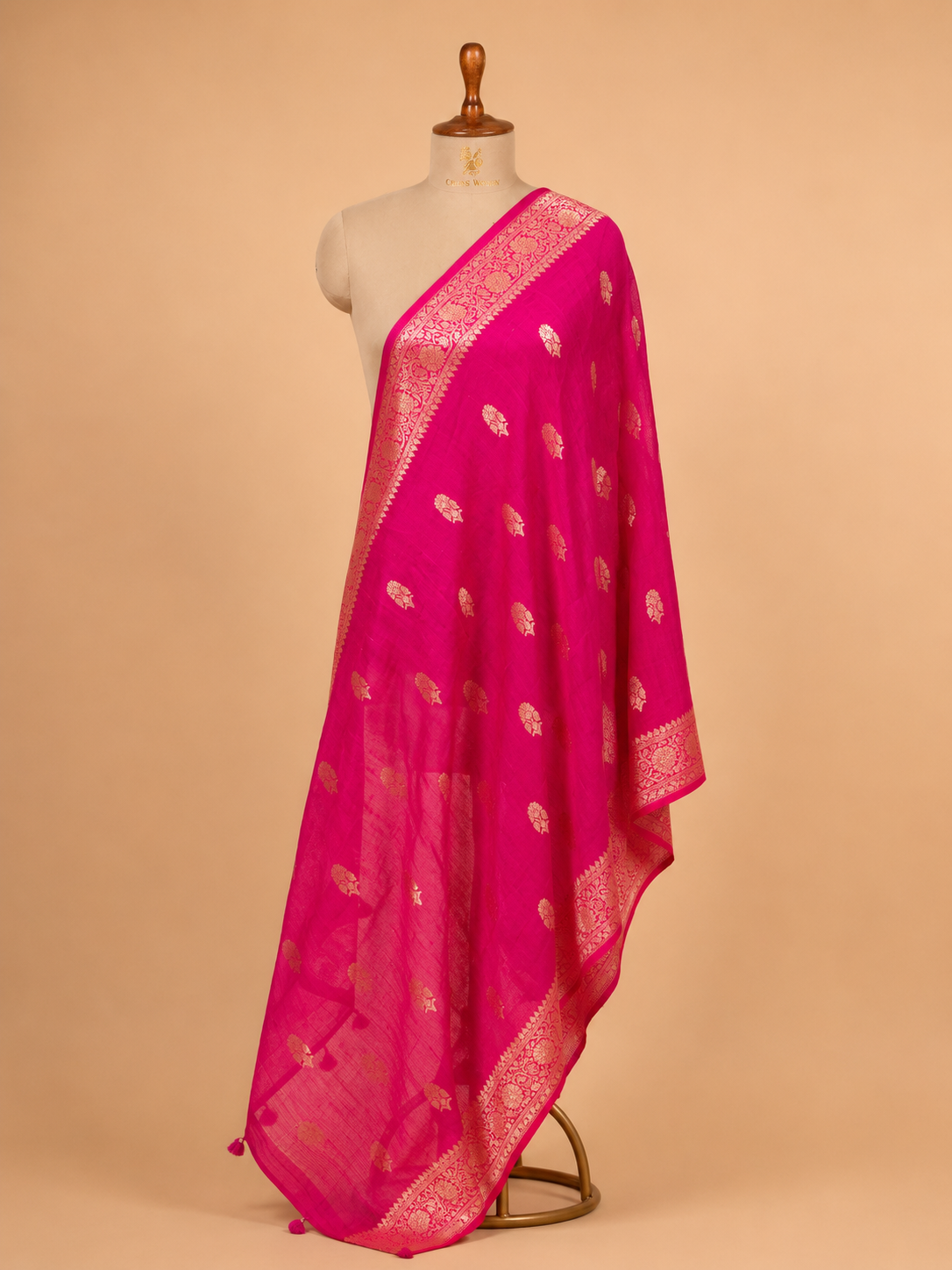 Hot Pink Banarasi Raw Silk Dupatta with Gold Zari Floral Bootis