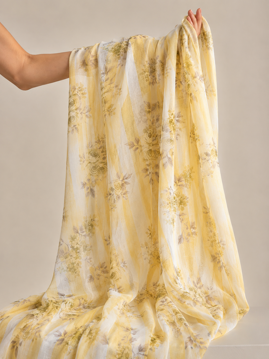 Butter Yellow & Ivory Printed Mul Fabric
