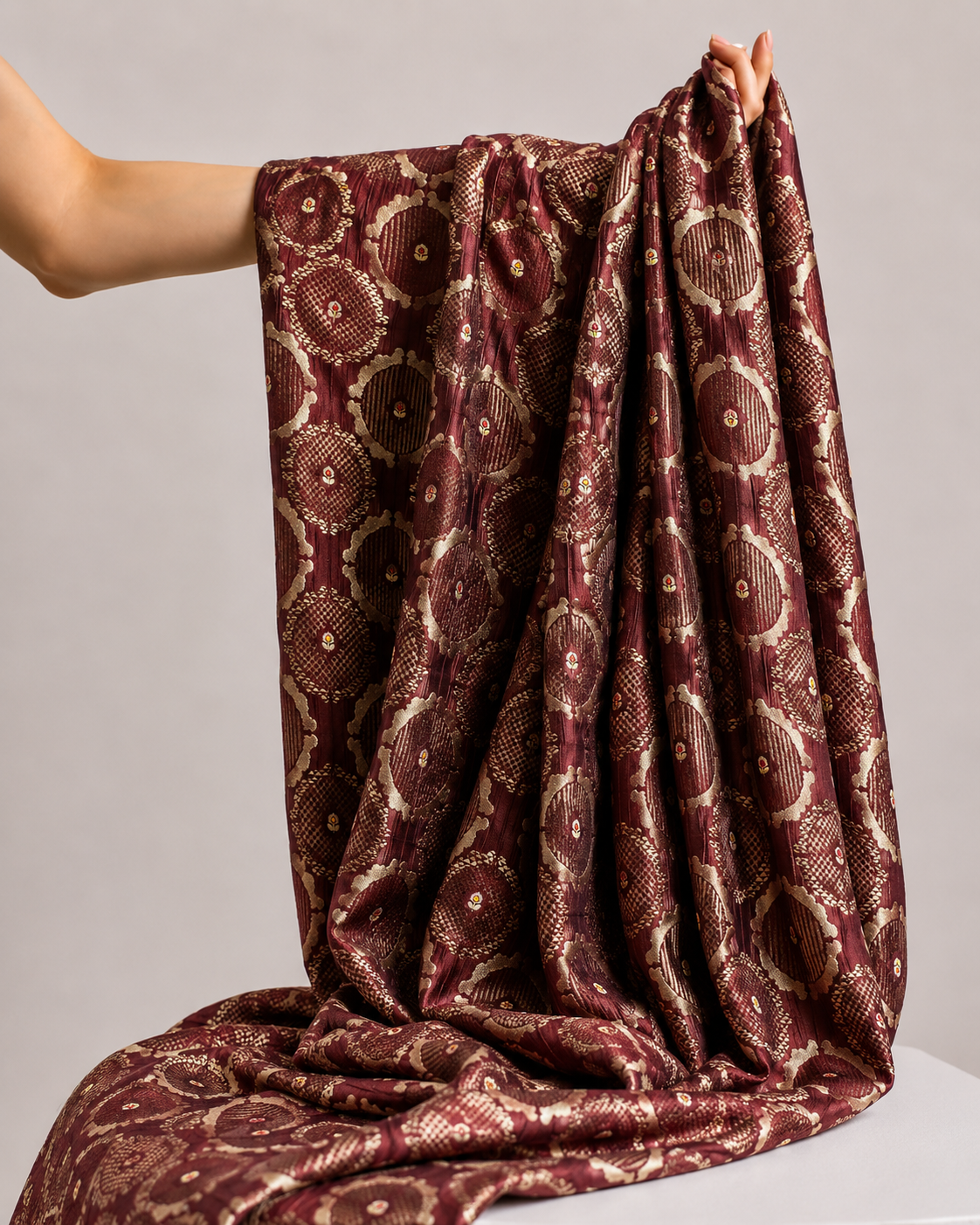 Wine Maroon Soft Silk Fabric with Meenakari Geometric Weave