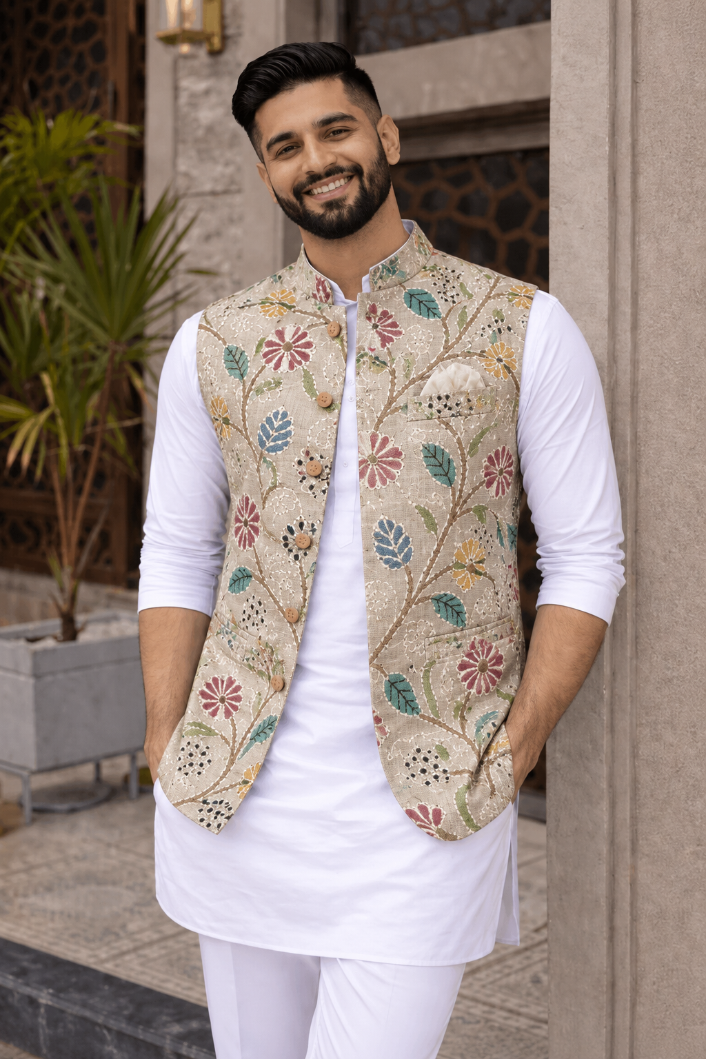 Beige Pure Tussar Natural Floral Embroidered Fabric