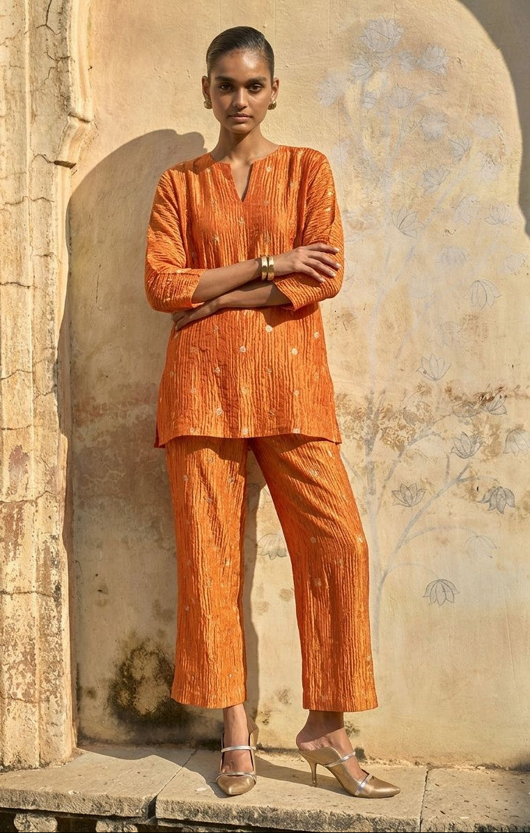 Rust Orange Crushed Tissue Fabric with Gold Zari Polka Motifs