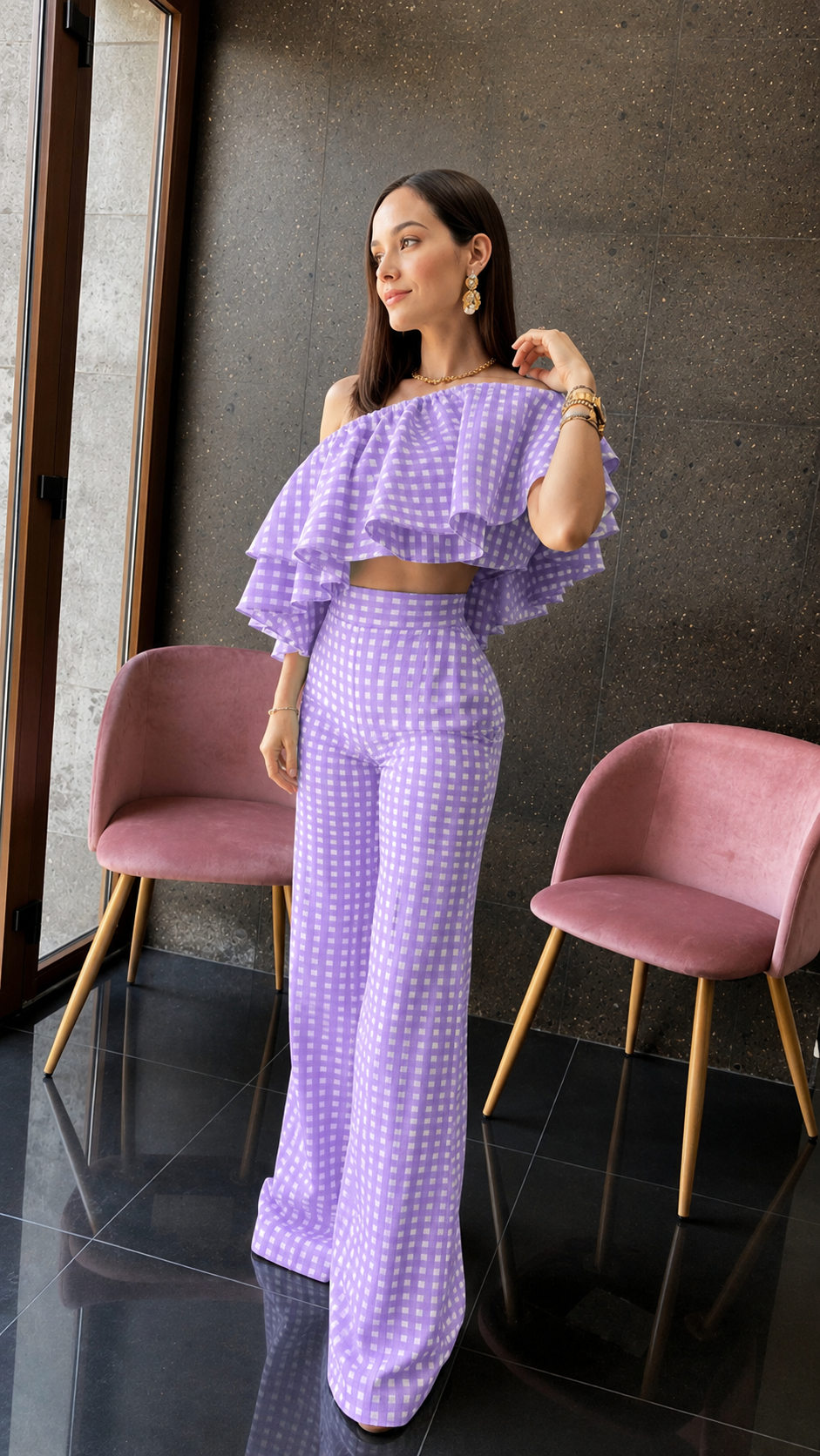 Lavender Printed Mul Checkered Fabric