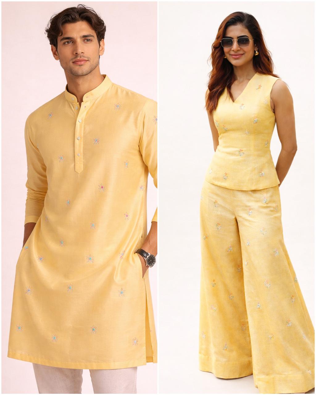 Warm Yellow Premium Cotton Fabric With Floral Motif