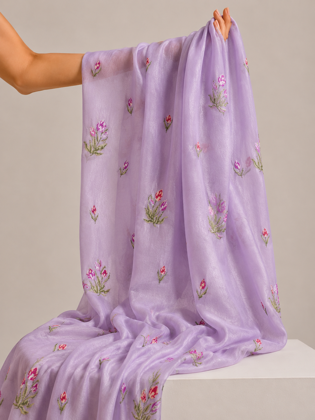 Soft Lilac Mul Fabric with Floral Embroidered Pattern