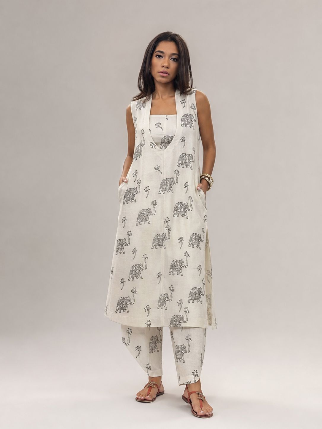 White Chanderi Silk Fabric With Hand Block Print