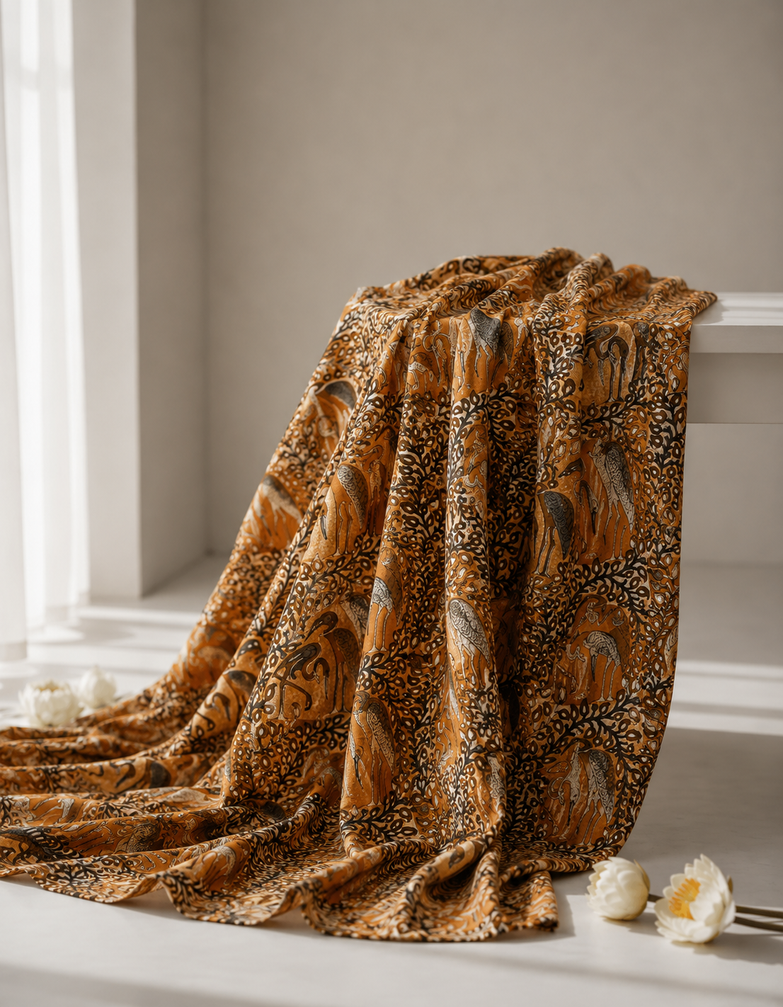Pure Chanderi Silk Fabric With Yellow Hand Block Prints