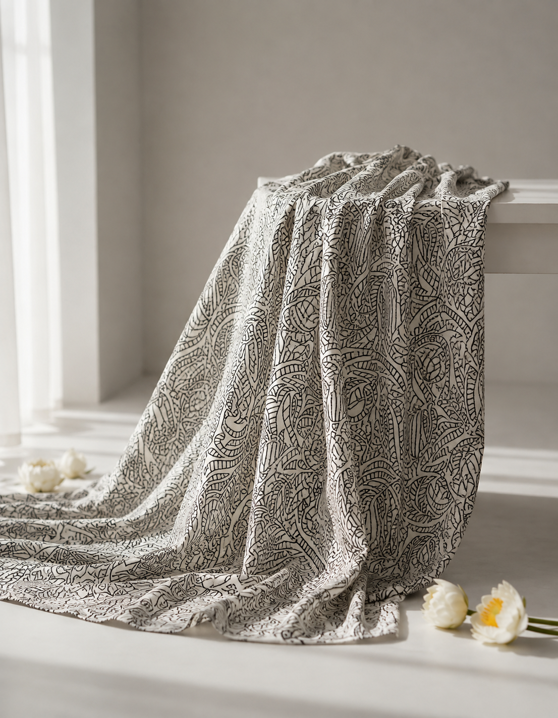 Pure Chanderi Silk Fabric With Black Hand Block Prints