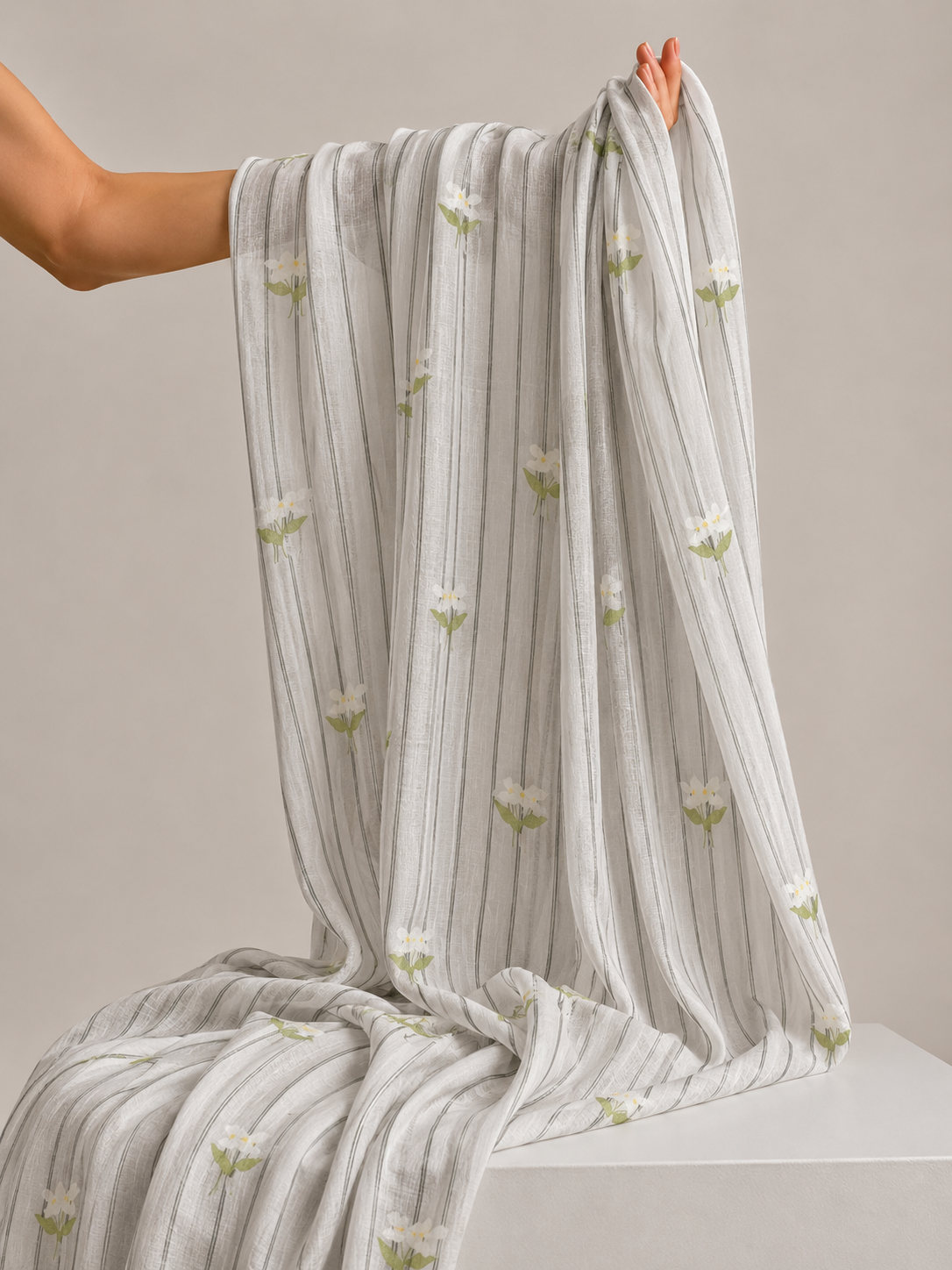 Grey Stripe Floral Mul Cotton Printed Fabric