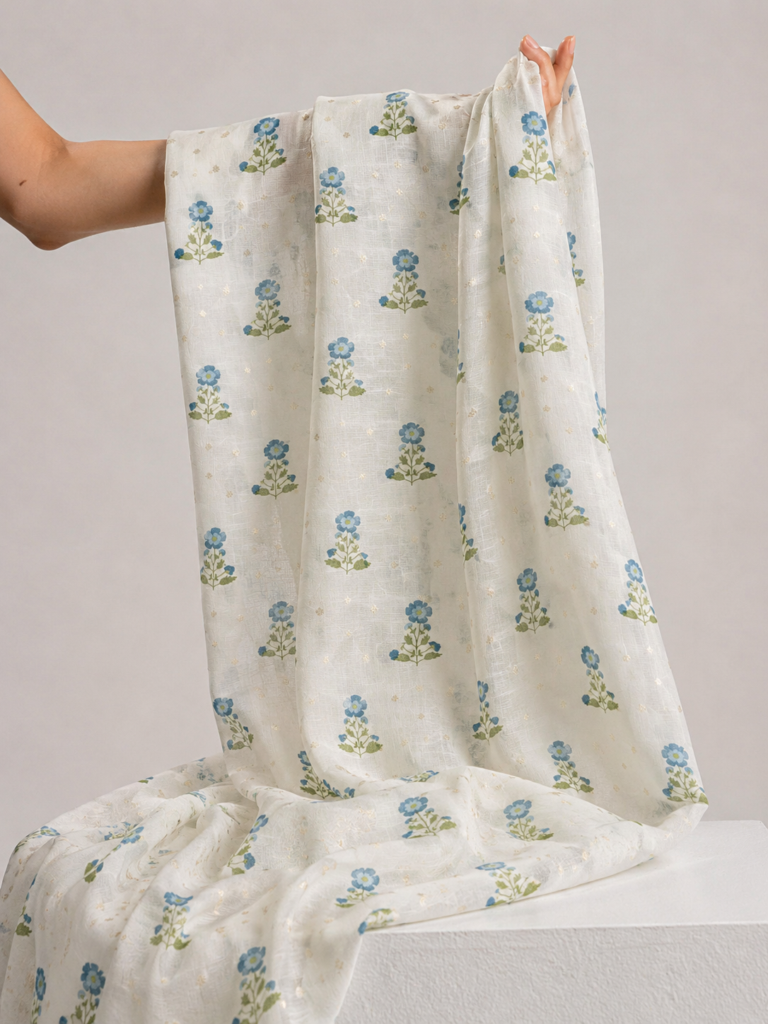 Ivory & Blue Floral Mul Weaving Fabric