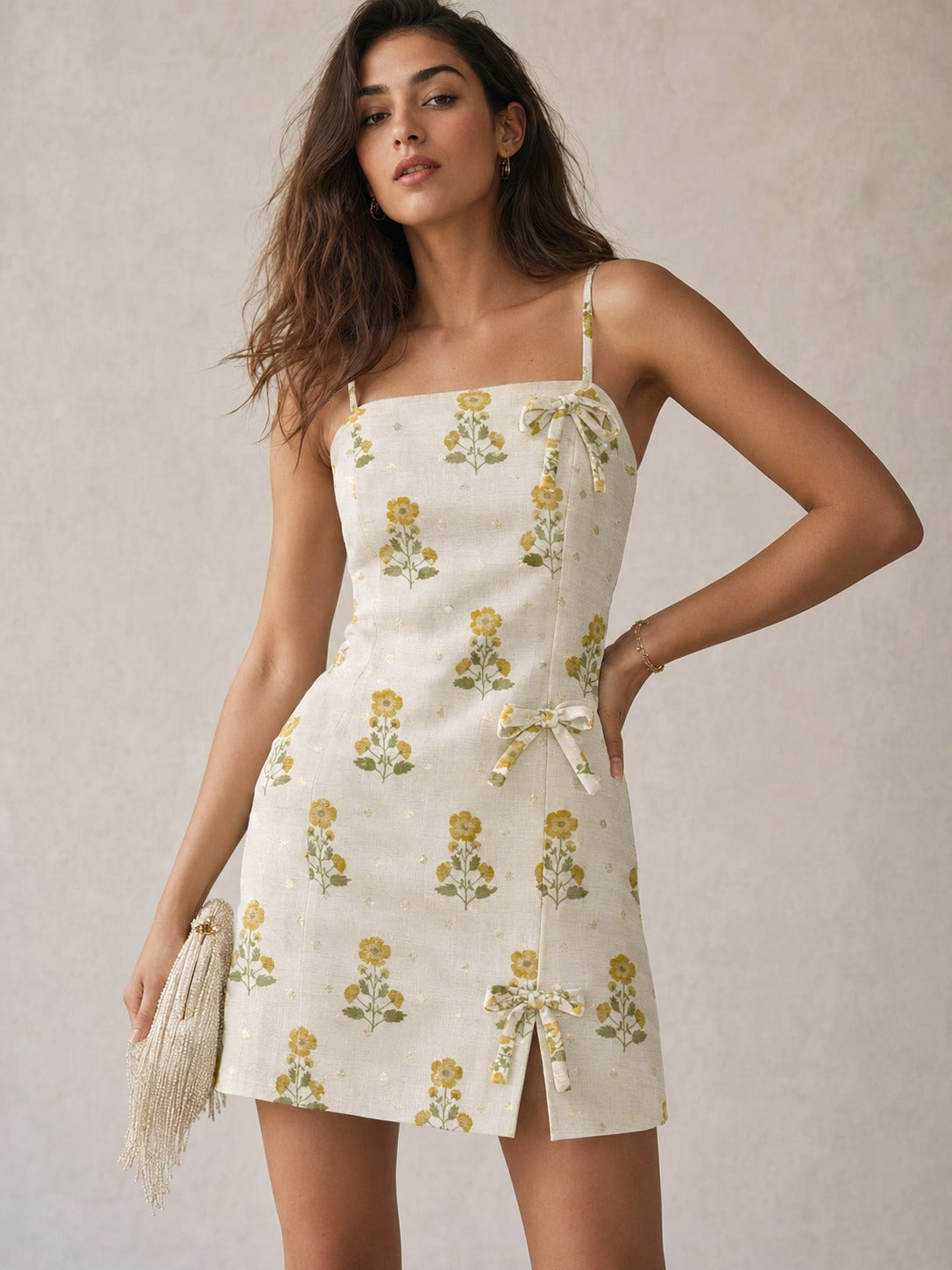 Ivory & Yellow Floral Mul Weaving Fabric