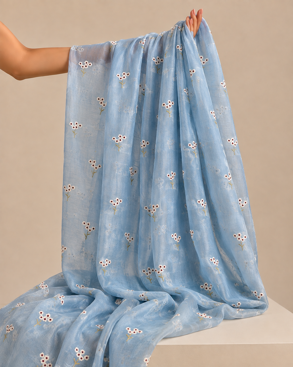 Powder Blue Mul Fabric with Floral Embroidered Motif