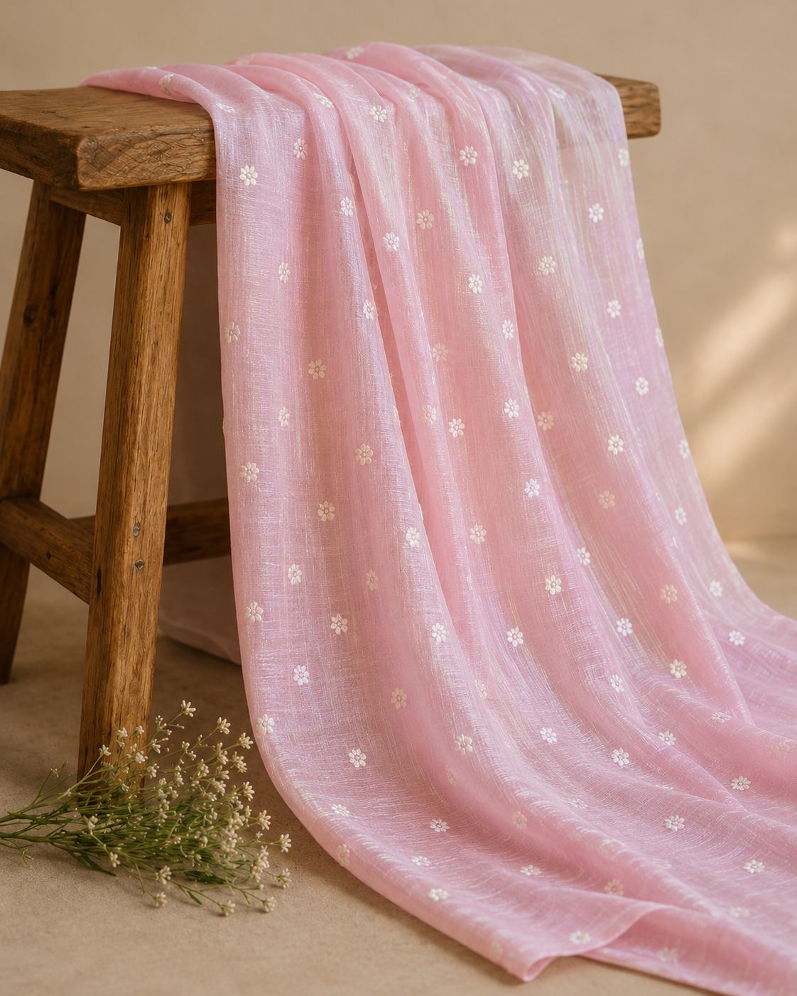 Pastel Pink Silk Linen Fabric With Flower Embroidery