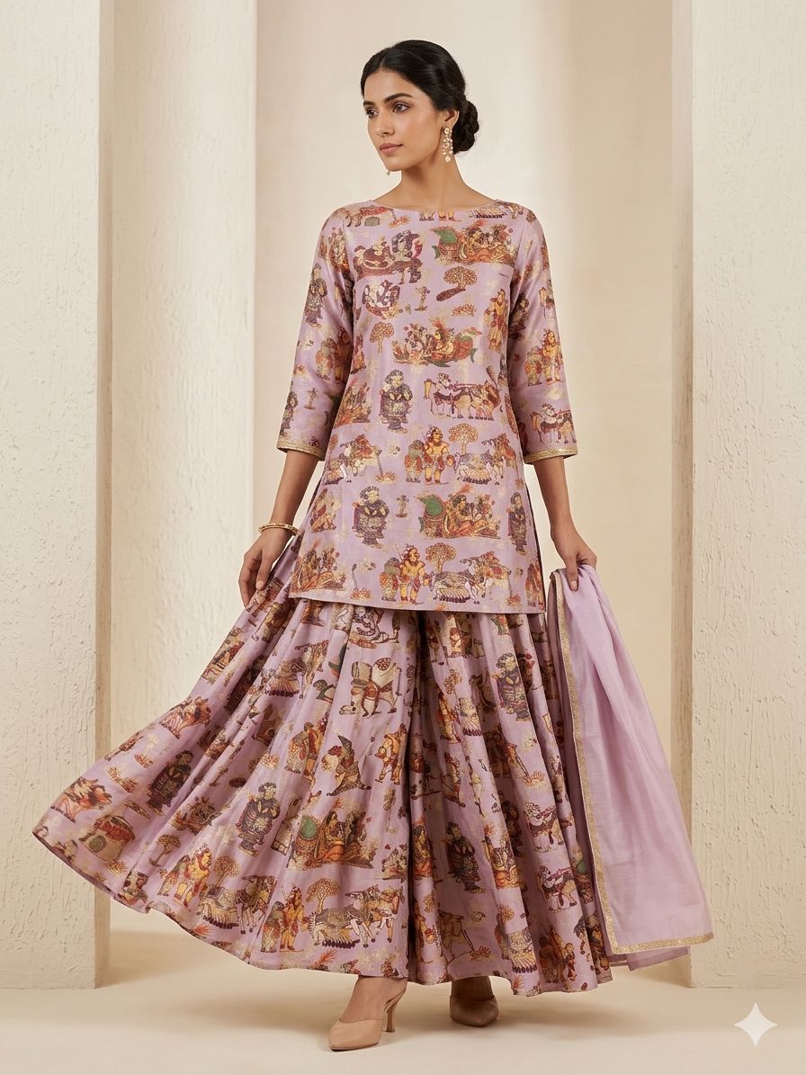 Onion Pink Pure Soft Silk Fabric With Pichhwai Traditional Pattern
