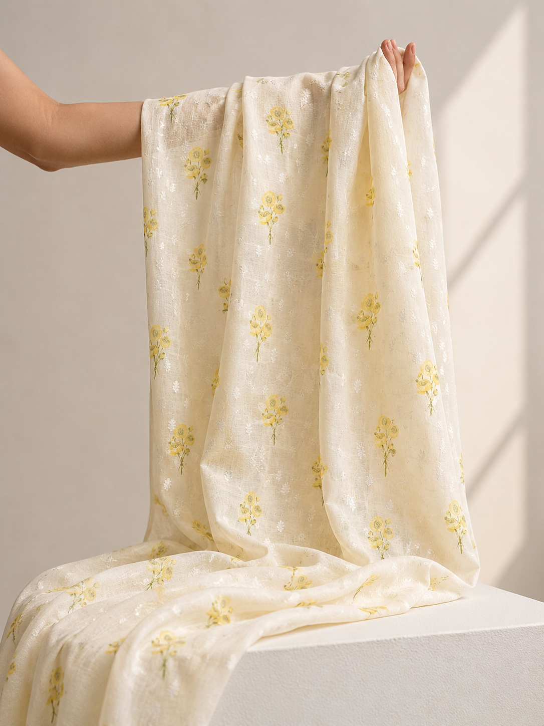 Ivory Yellow Floral Mul Weaving Fabric