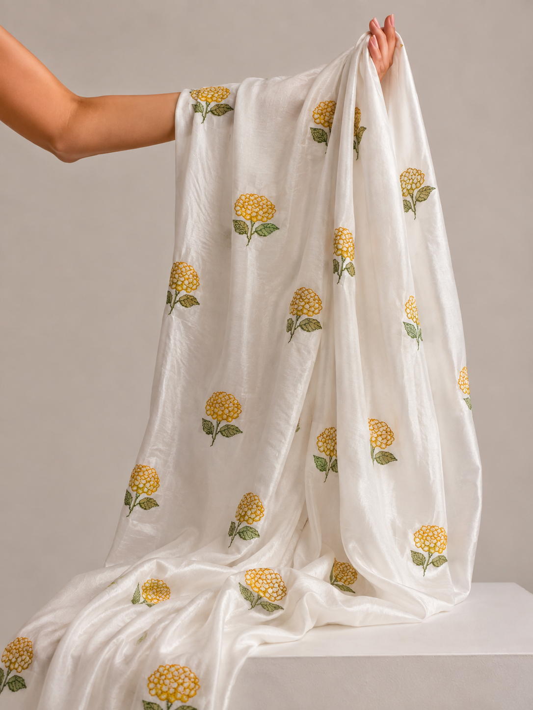 White Mul Fabric with Yellow Floral Embroidered Pattern