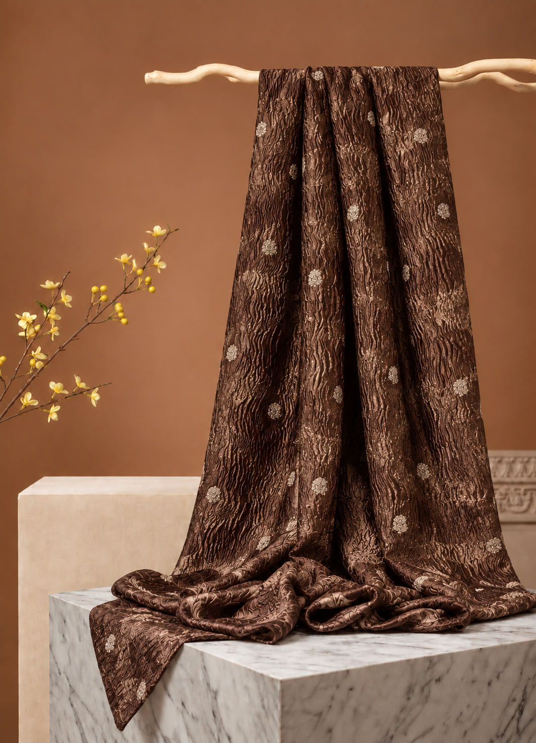 Deep Purple Gold Crushed Tissue Fabric with Gold Zari Floral Motifs