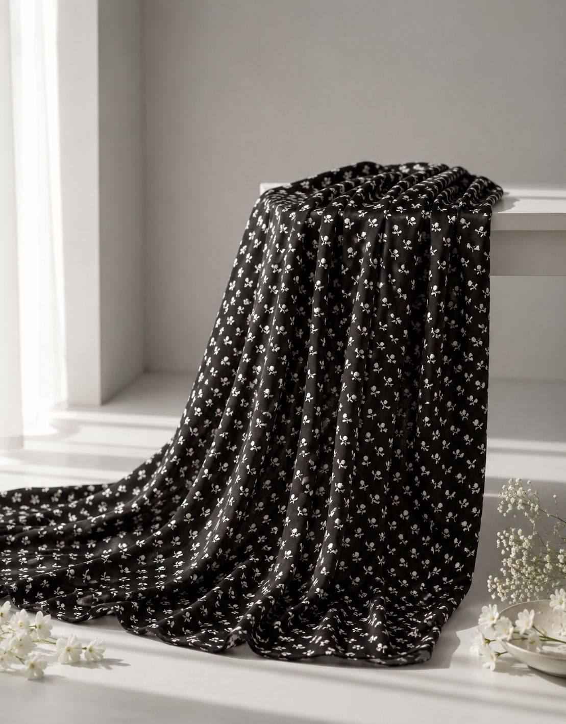 Black Chanderi Silk Fabric With Floral Hand Block Print