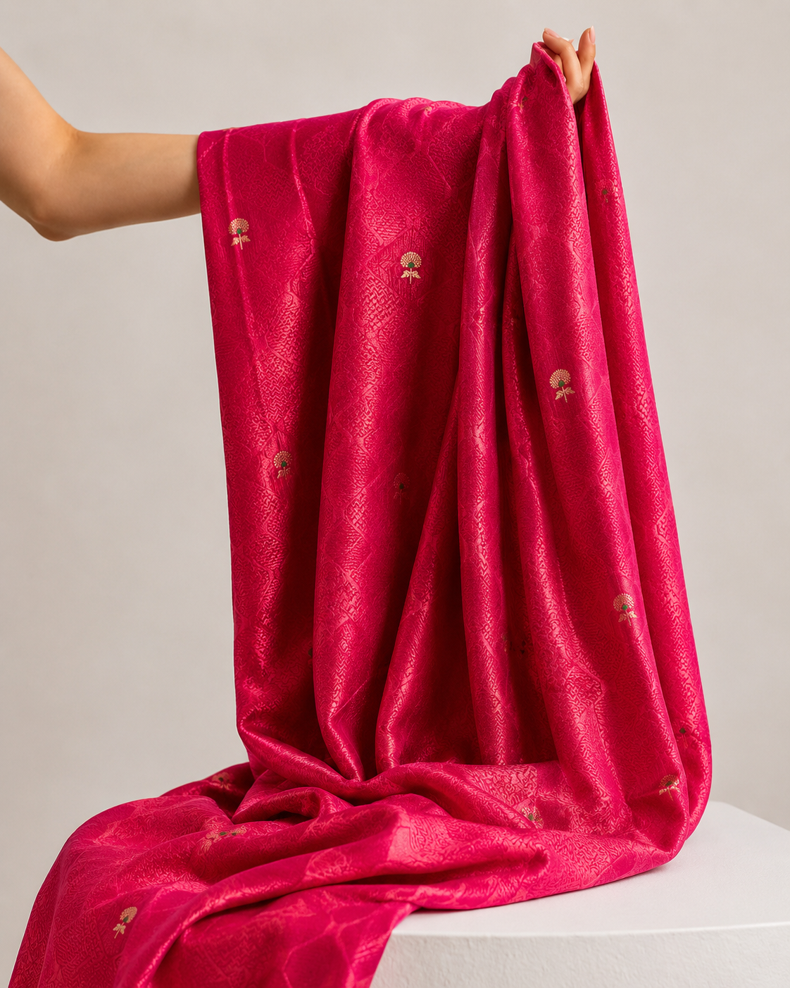 Rani Pink Soft Silk Fabric with Geometric Self Weave