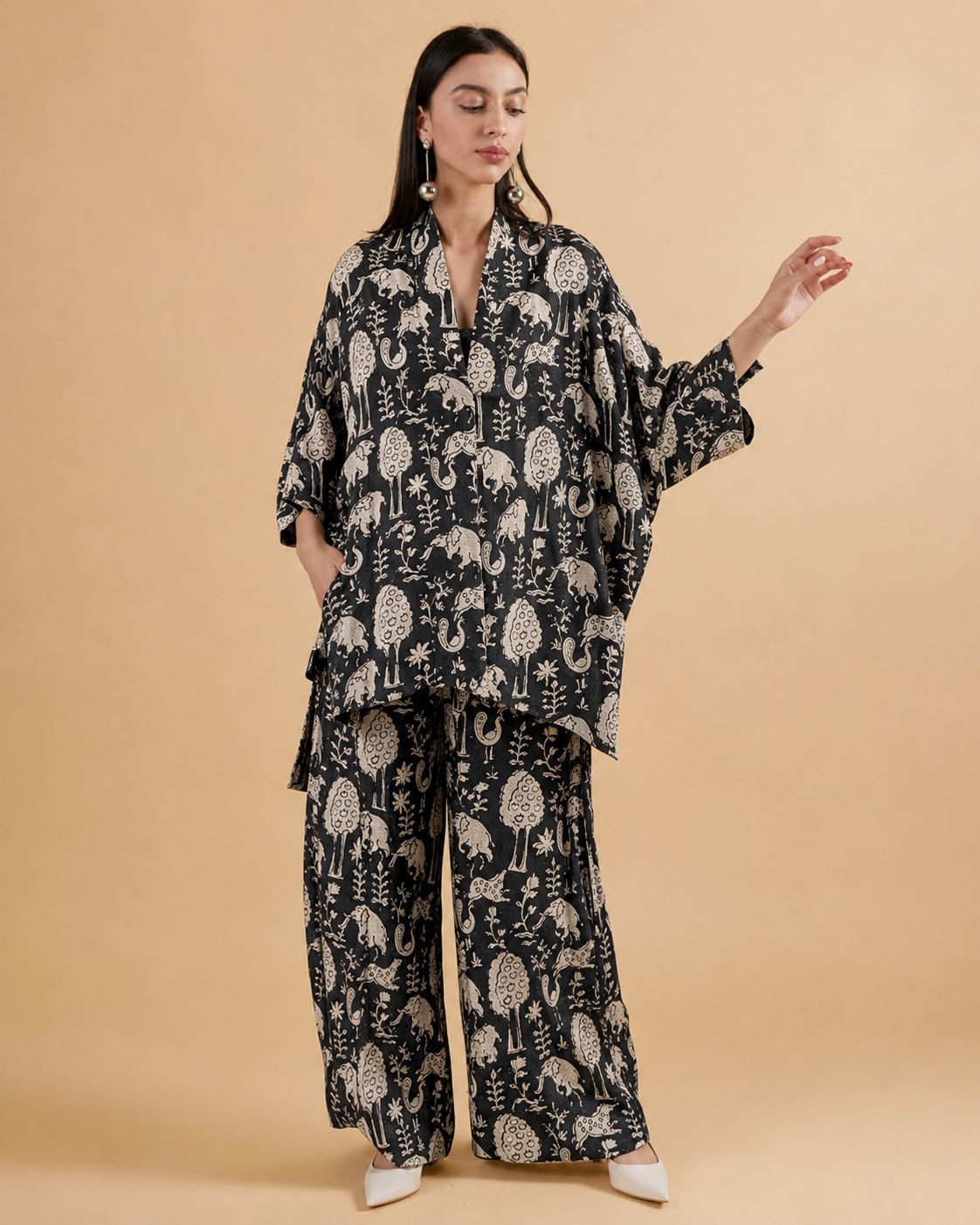 Black Chanderi Silk Fabric With Hand Block Print