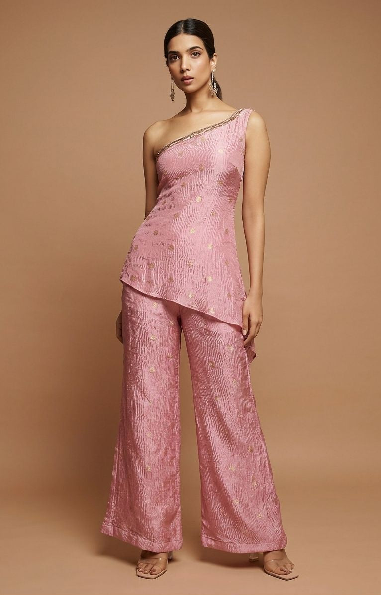 Rose Gold Crushed Tissue Fabric with Gold Zari Floral Motifs