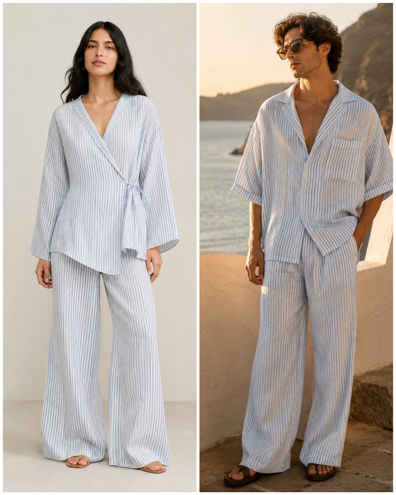 Powder Blue & White Striped Linen Fabric