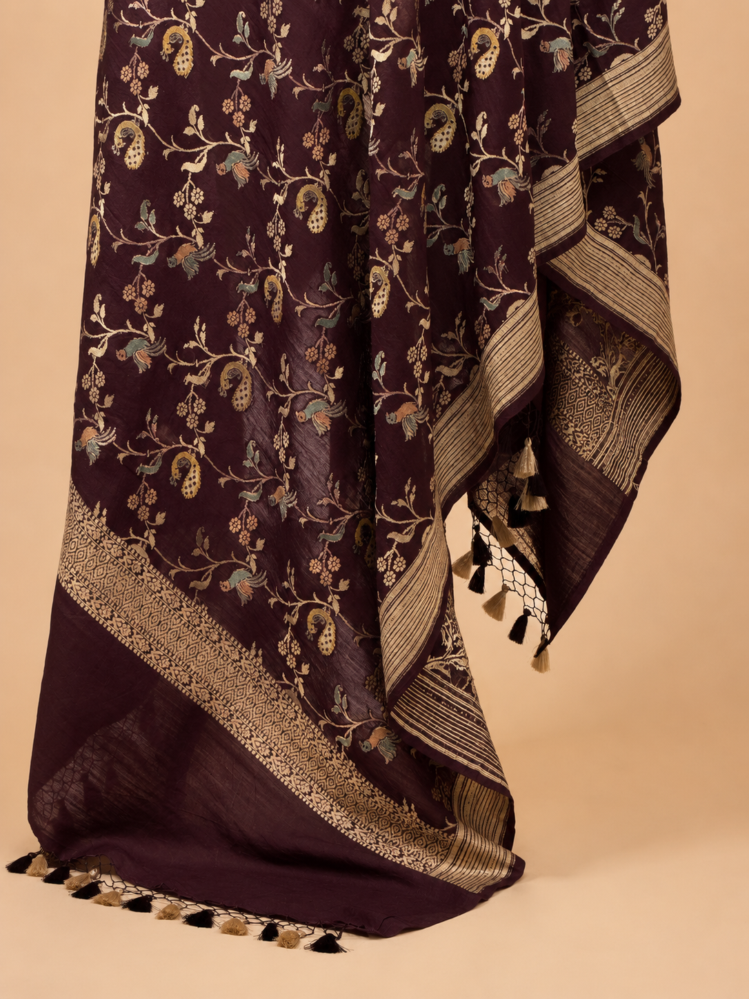 Hand Brush-Dyed Moonga Silk Dupatta with Floral Vine & Bird Motifs
