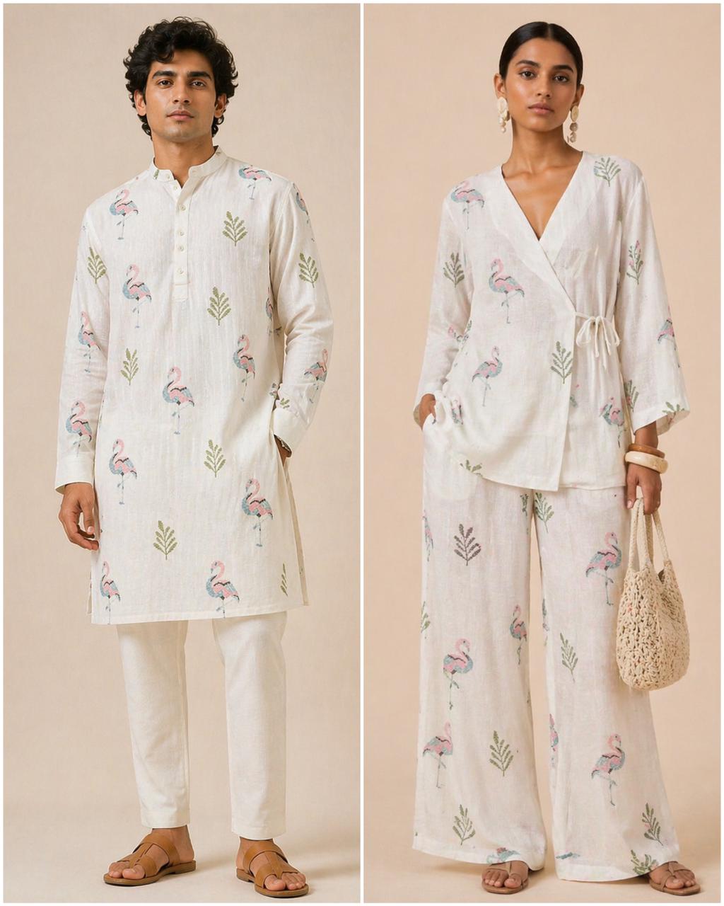 Off-White Premium Cotton Fabric With Flamingo Embroidery