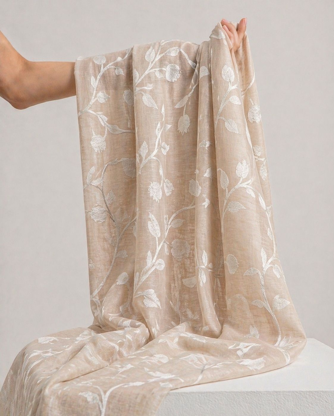 Beige Mul Fabric With Embroidery