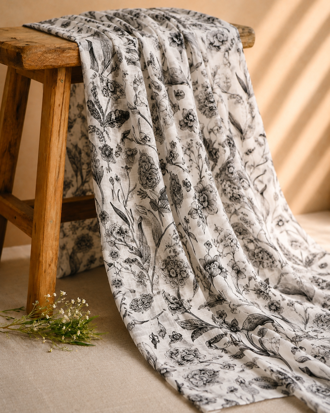 White Linen Printed Fabric with Vintage Botanical Floral Motifs