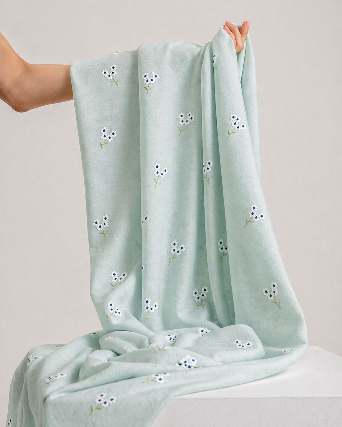 Electric Blue Mul Fabric with Floral Embroidered Motif