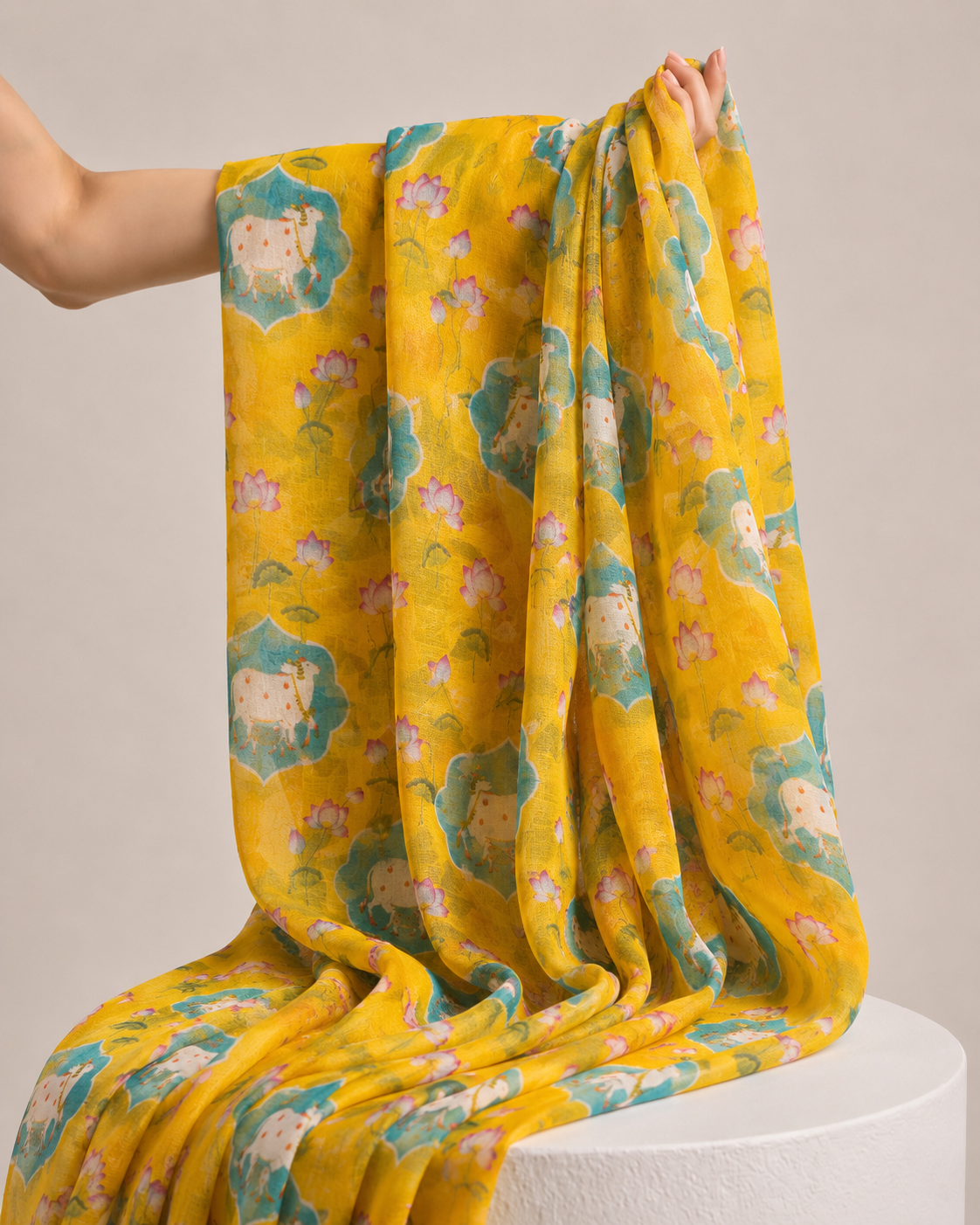 Mustard Yellow Mul Nandi Prints Fabric