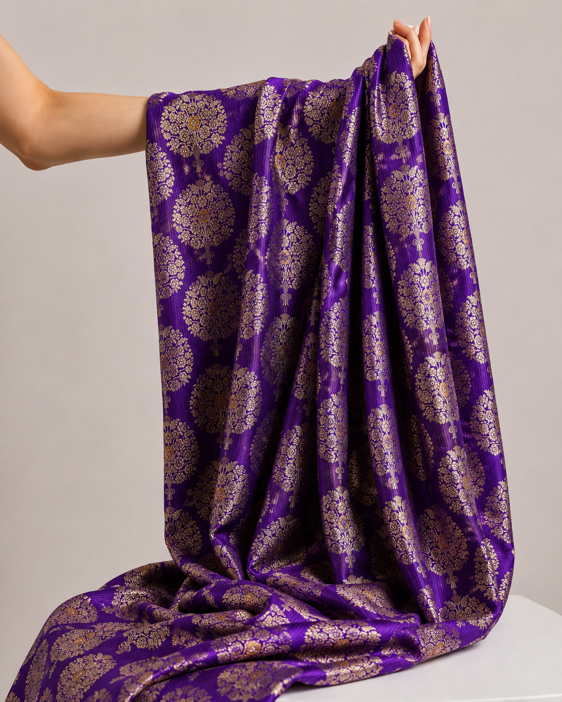 Royal Purple Soft Silk Fabric with Floral Motifs