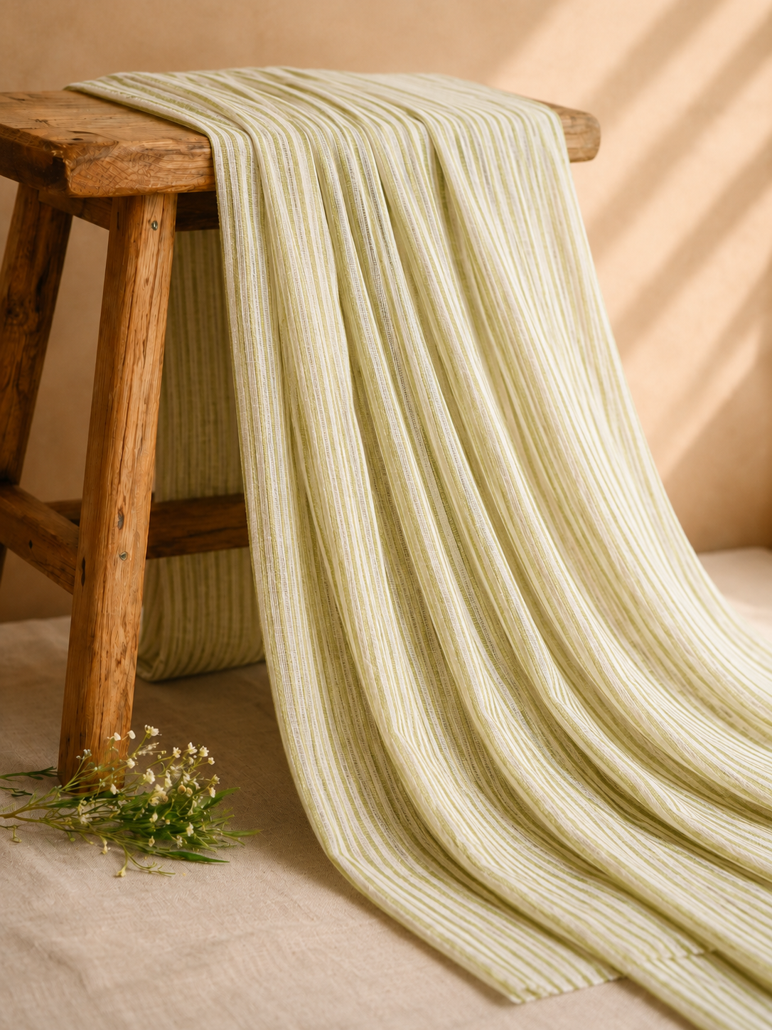 Ivory & Olive Green Striped Linen Fabric