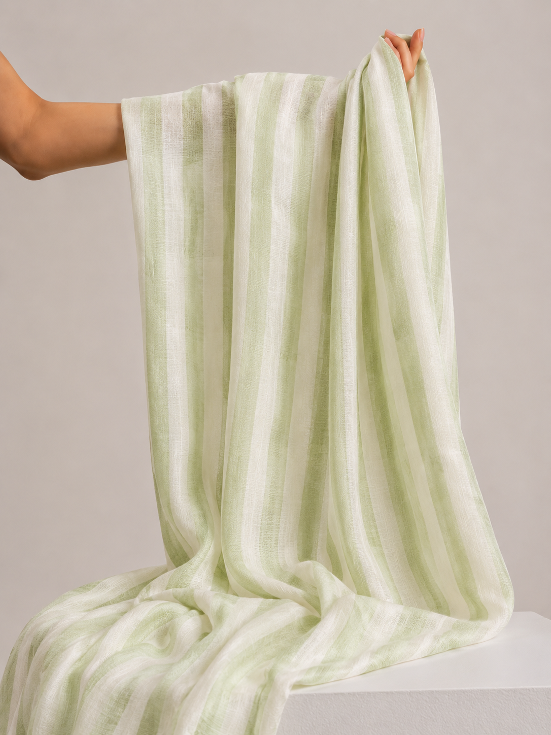 Pastel Green & Ivory Striped Mul Prints Fabric