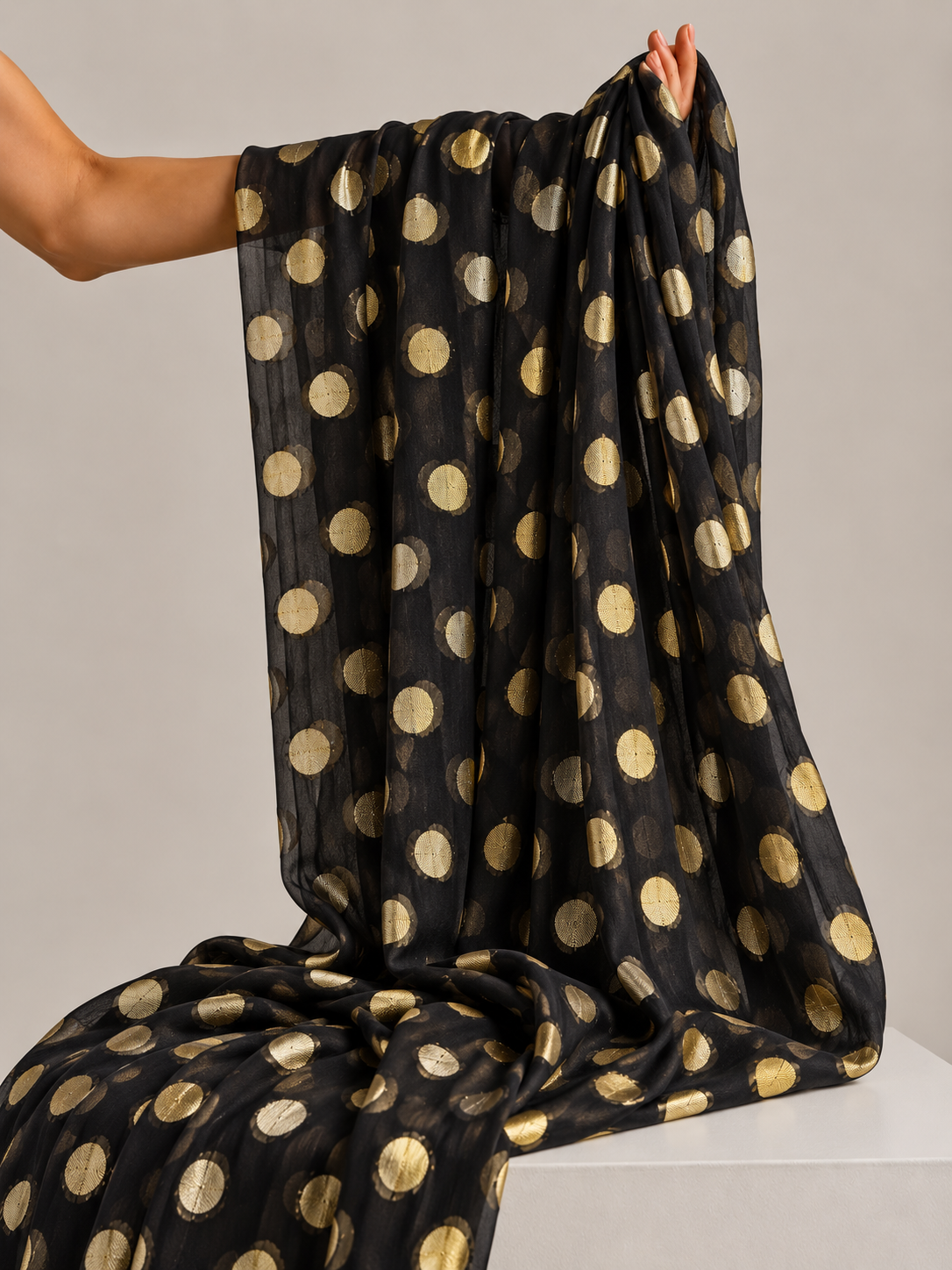 Black Pure Georgette Fabric with Polka Dots