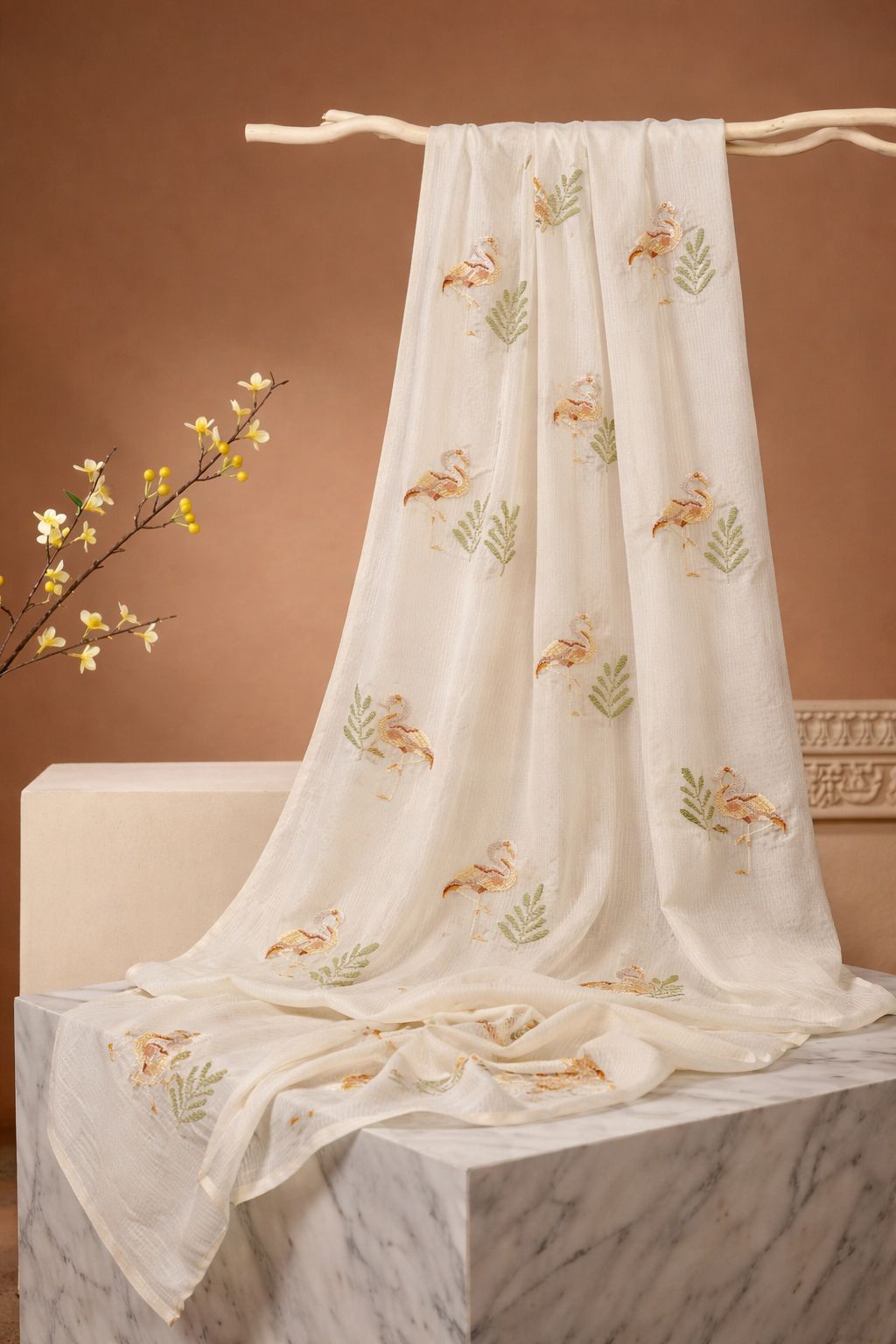 Off-White Premium Cotton Fabric With Flamingo Embroidery