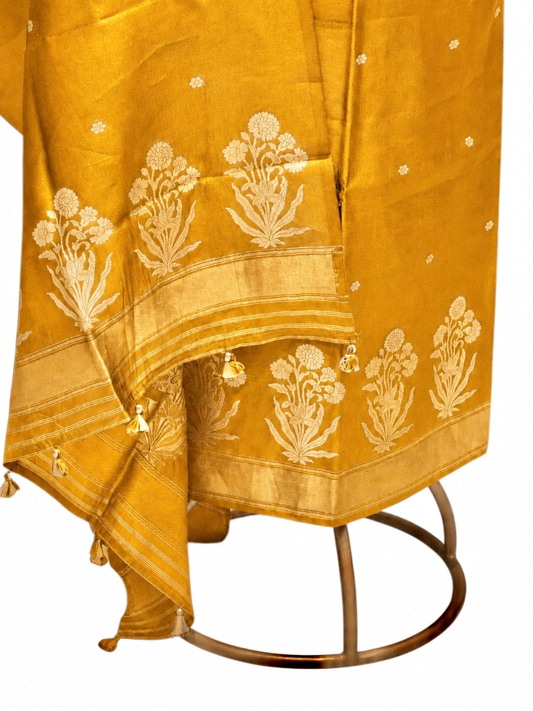 Mustard Yellow Pure Silk Suit Set With Statement Bootas