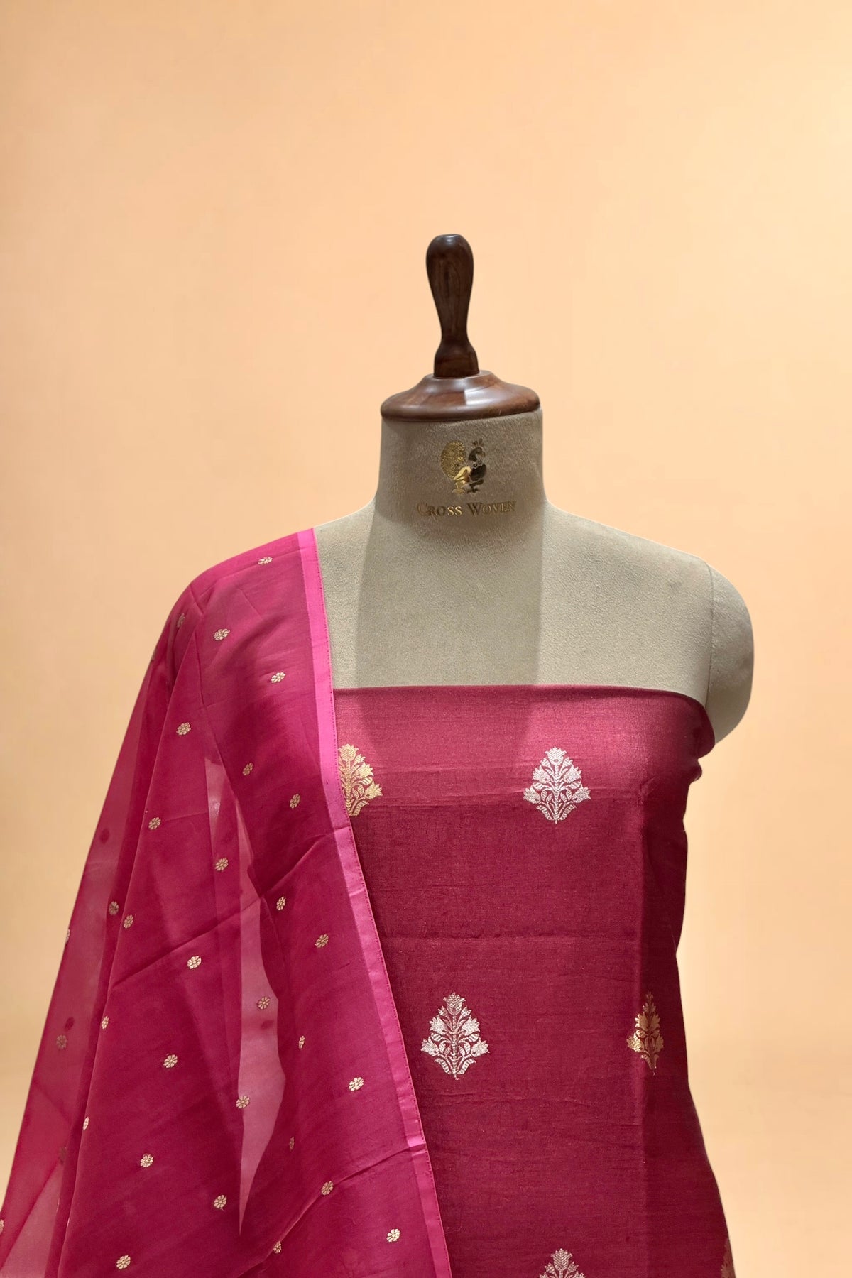 Burgundy Pure Chiniya Silk Suit With Organza Dupatta
