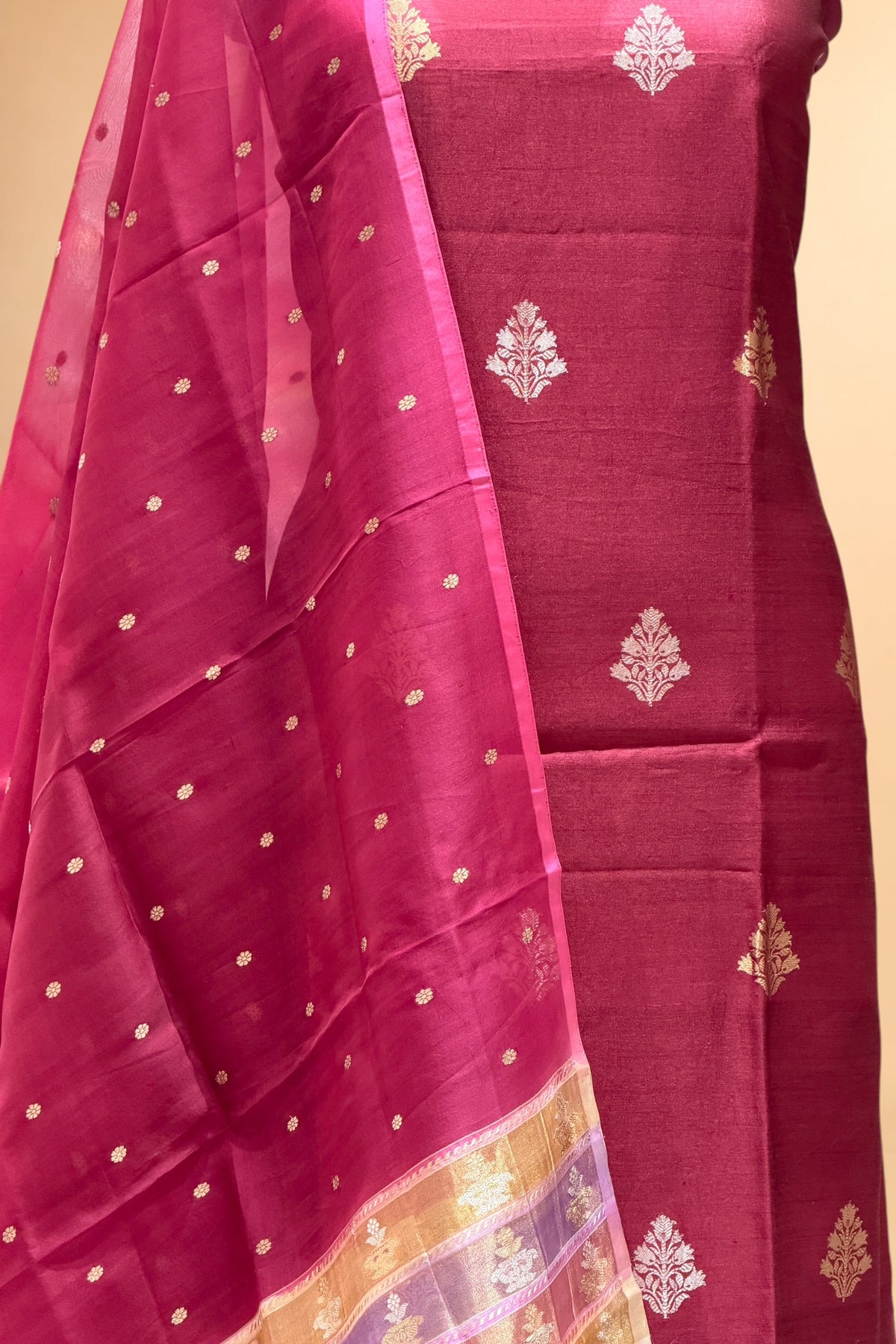 Burgundy Pure Chiniya Silk Suit With Organza Dupatta