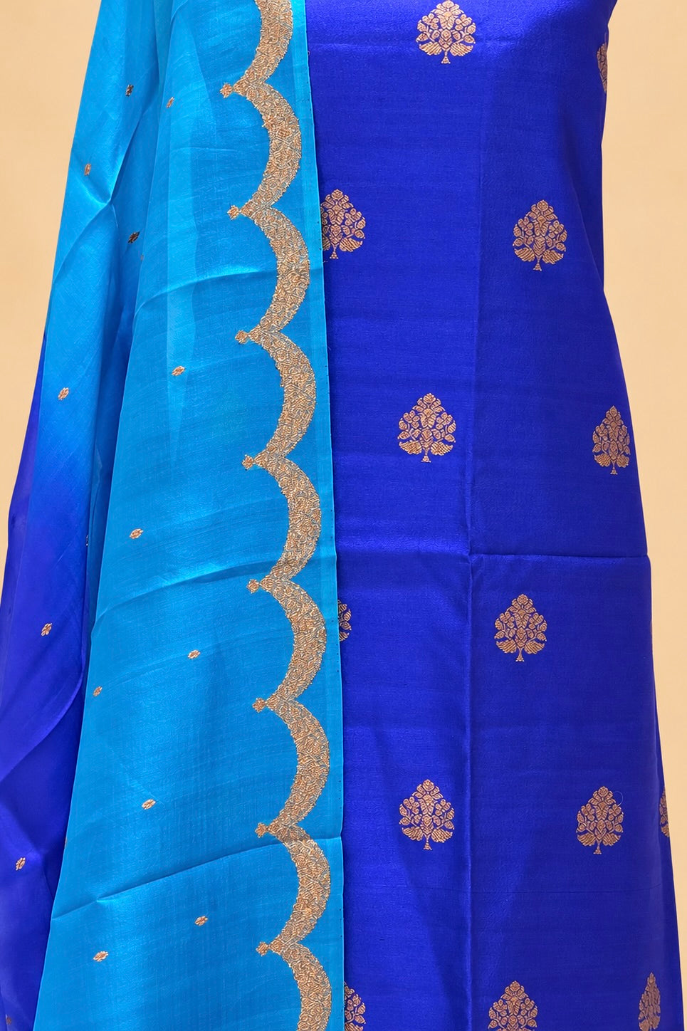 Royal Blue Tusser Antique Zari Suit Set With Ombré Dye Organza Dupatta