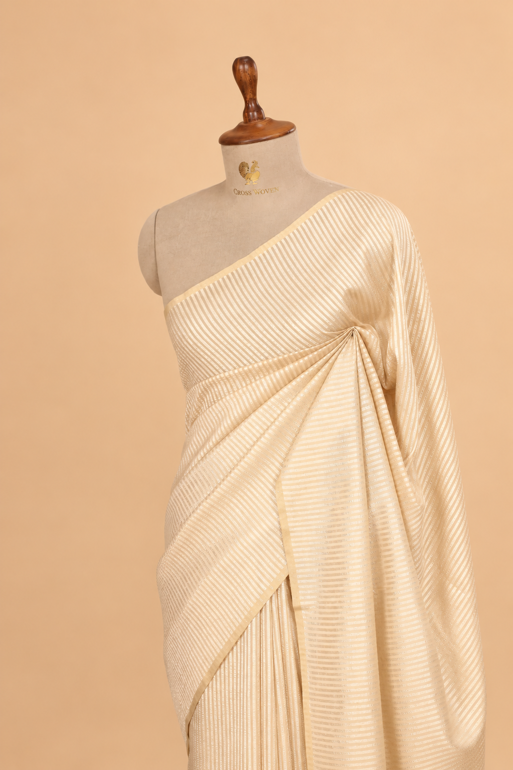 Cream Pure Munga Silk Saree With Crushed Tissue Stripes