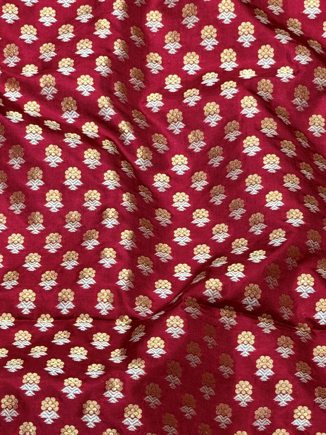 Deep Red Katan Silk Sona - Rupa Allover Floral Booti Fabric